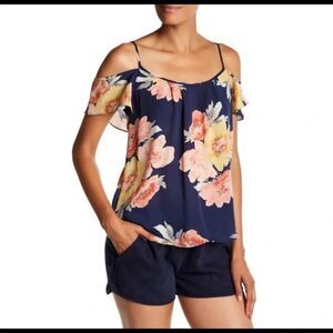 GUC Joie Women's 100% Silk Blouse Adorlee Floral Navy sz L Cold Shoulder Top